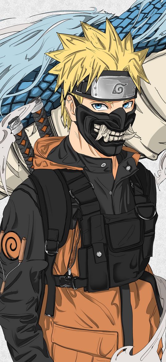 naruto, mask, fangs, katanas, dragon, anime, art