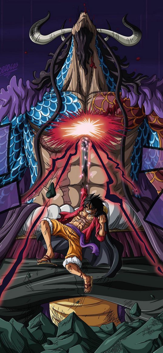 luffy, kaido, one piece, anime, guy, monster, horns, blow, battle, hieroglyphs, art