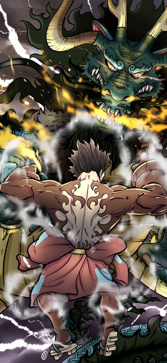 luffy, kaido, one piece, anime, guy, warrior, dragon, monster, horns, battle, art