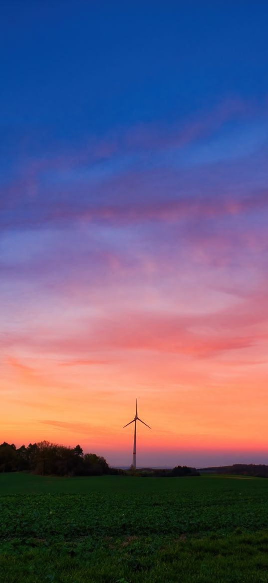 windmills, field, grass, twilight, dark