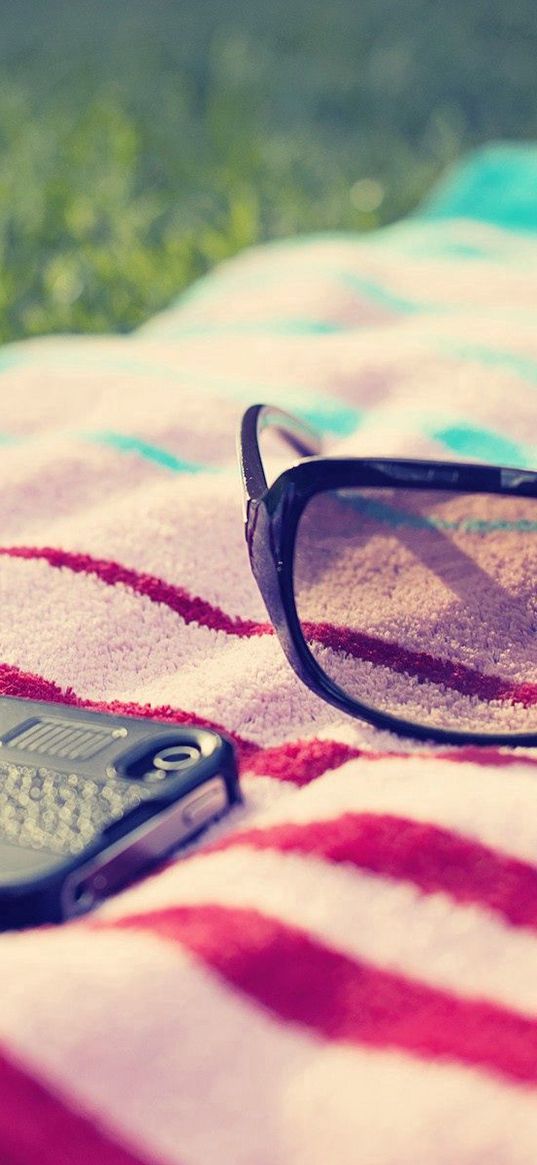 phone, glasses, towels, summer, beach