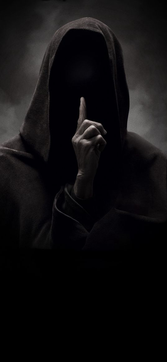 hood, no face, silence, dark, gray background