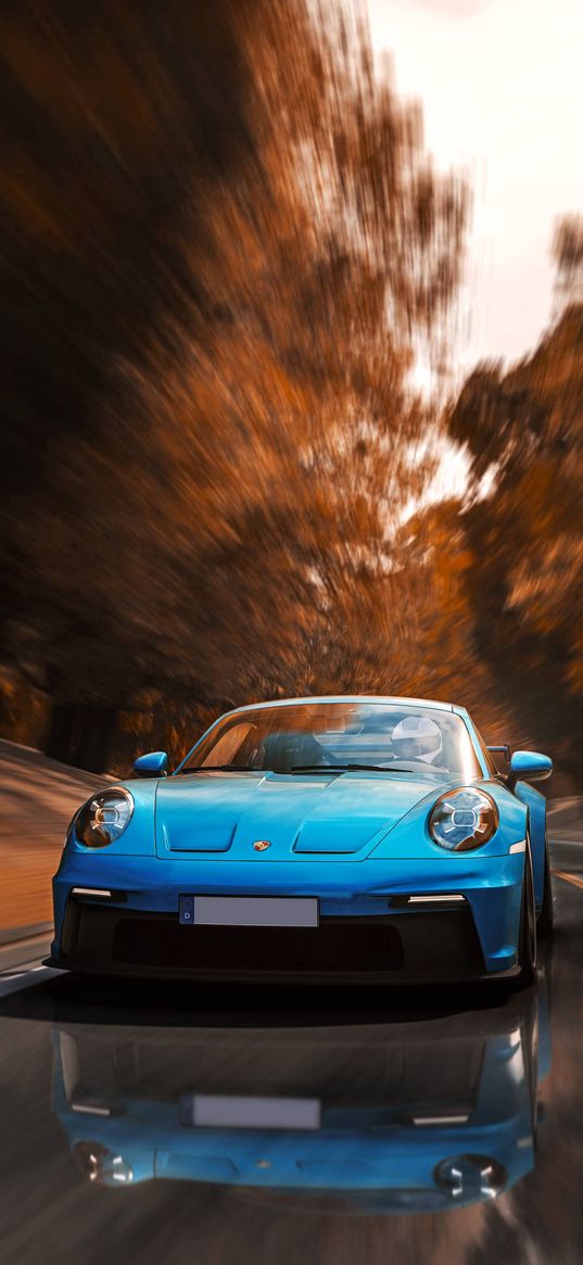 porsche, car, blue, driver, road, speed, trees, autumn