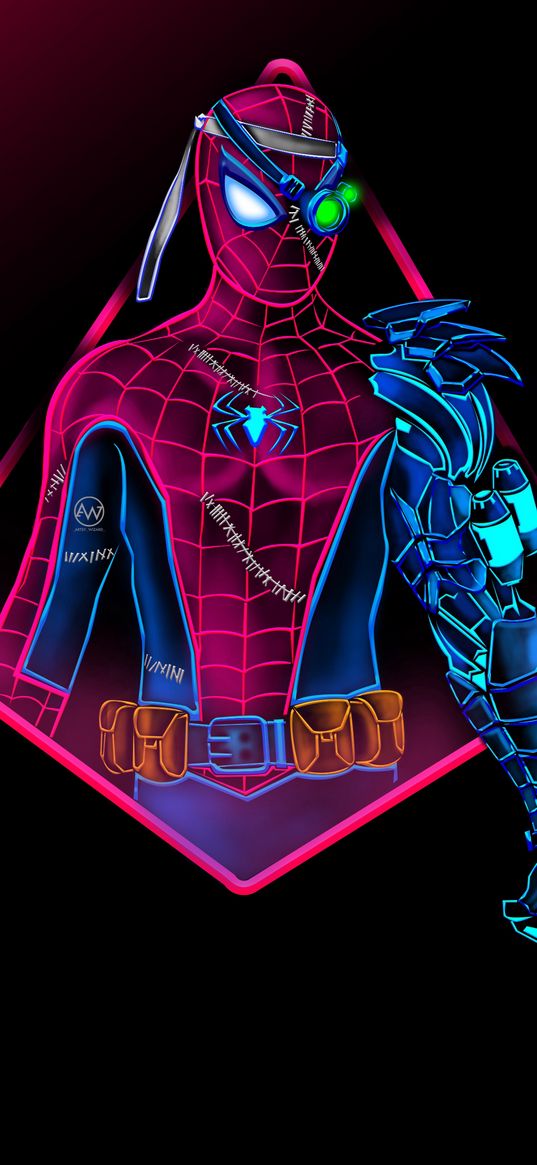 spiderman, spider-man, superhero, marvel, triangle, seams, cyborg, neon, black background, art