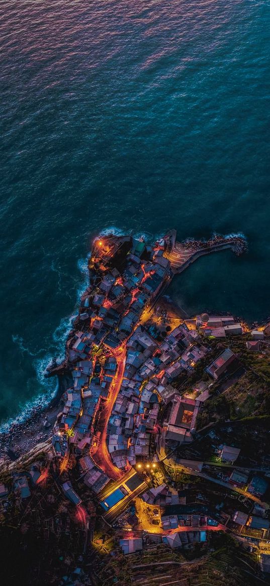 houses, city, sea, beach, lights, evening, top view