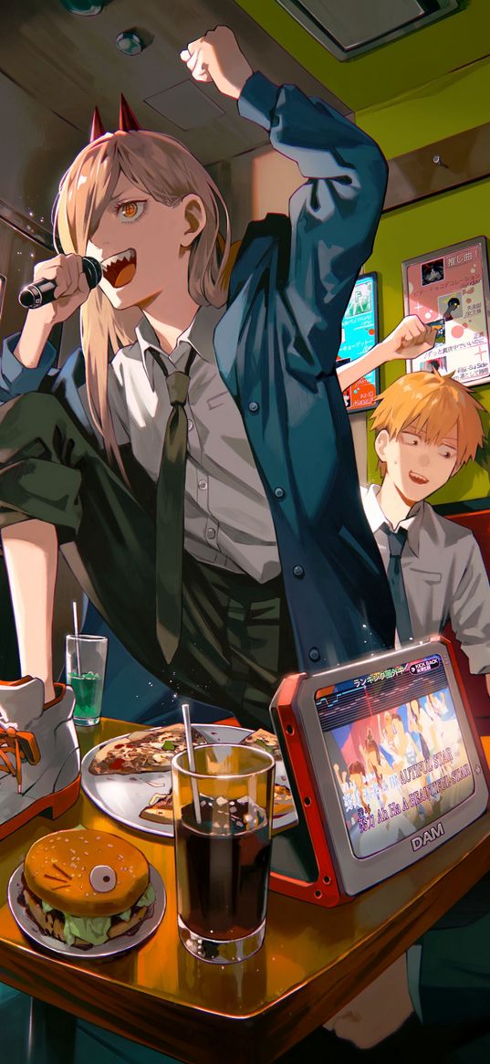 power, denji, chainsaw man, anime, guy, girl, karaoke, food, cafe, art