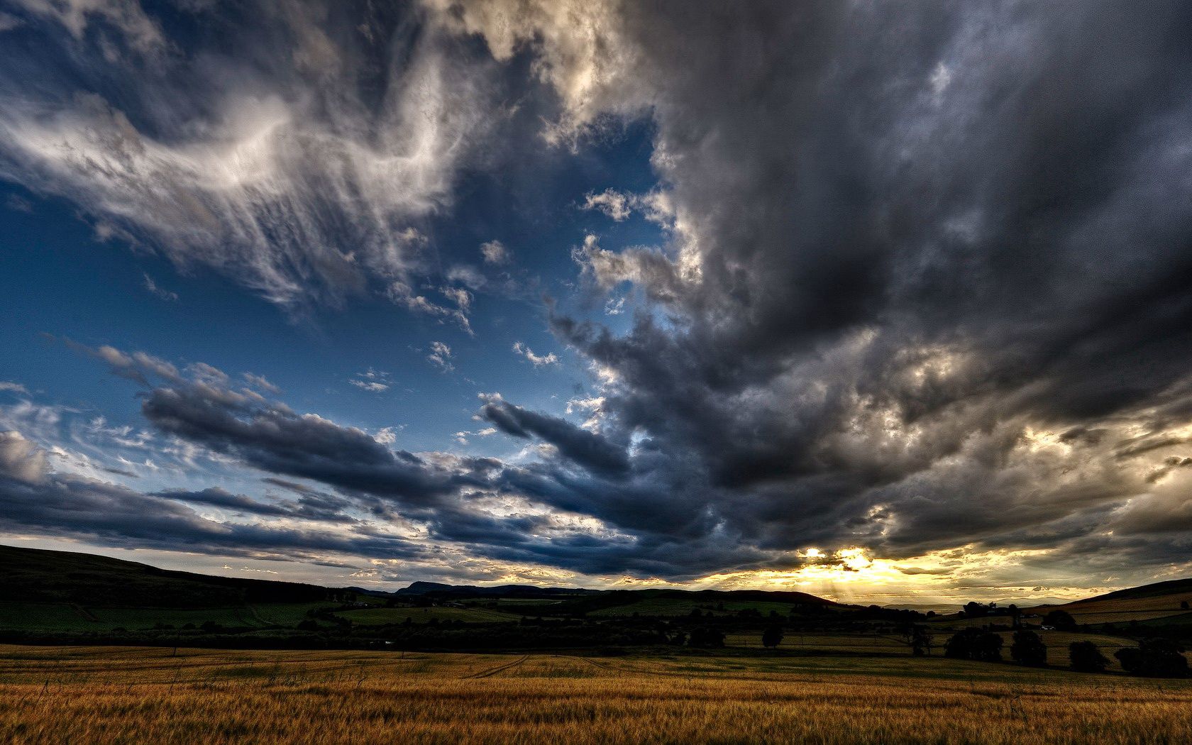 decline, sky, field, rye, evening, clouds