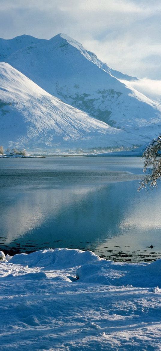 lake, mountains, snow, morning, coast, awakening