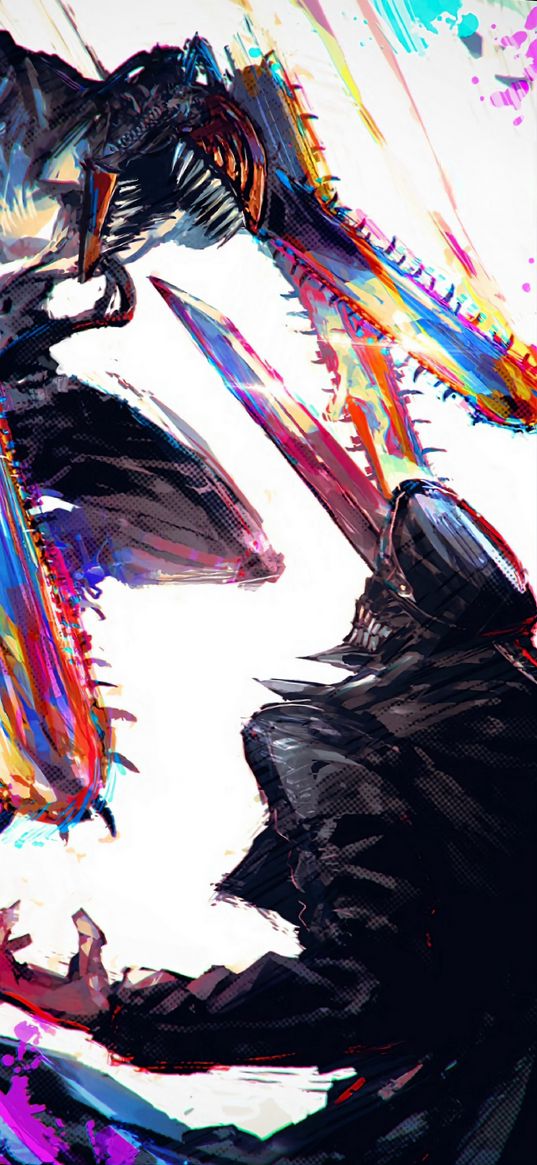 katana man, chainsaw man, anime, monsters, battle, bright, colorful, white background, art