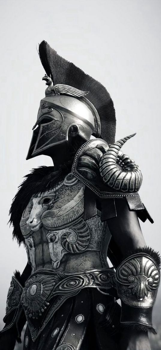 gladiator, warrior, armor, helmet, black and white