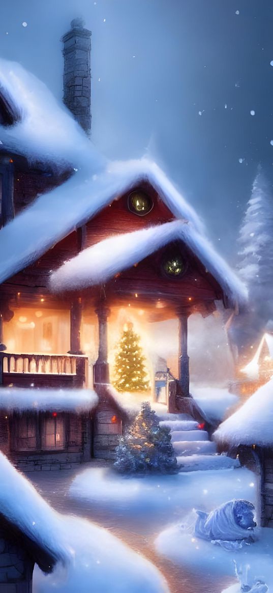 house, new year, christmas, christmas tree, snow, winter, art