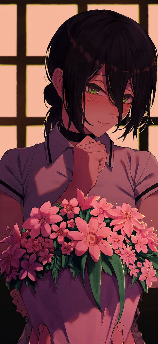 reze, chainsaw man, anime, girl, beautiful, cute, embarrassed, flowers, art