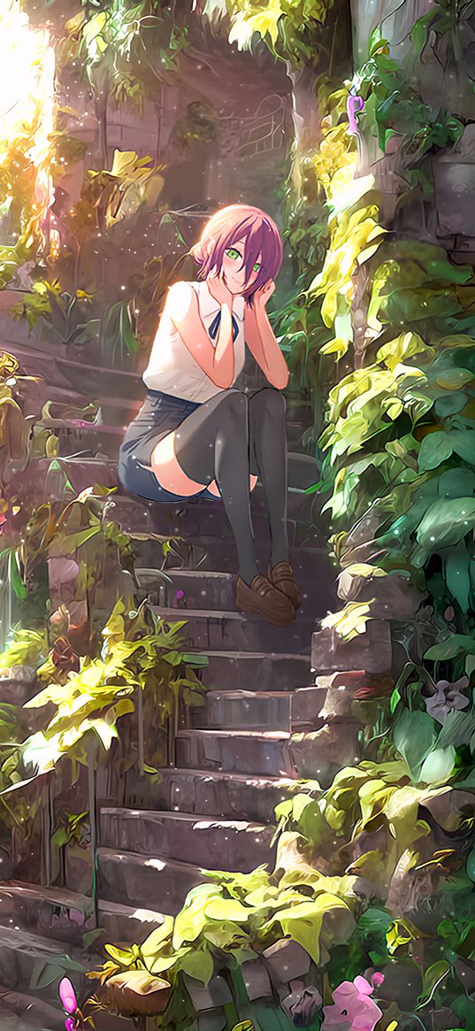 reze, chainsaw man, anime, girl, beautiful, cute, ladder, plants, art