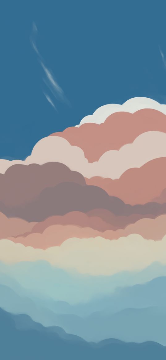 clouds, white, blue, pink, brown, blue sky, art