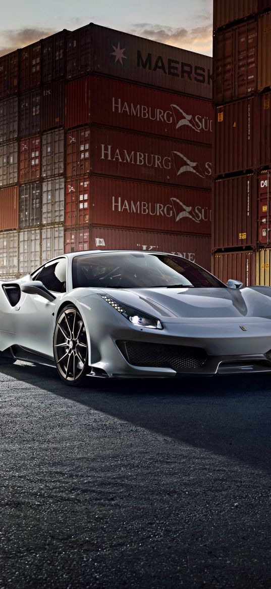 ferrari 488 pista, ferrari, car, silver, containers