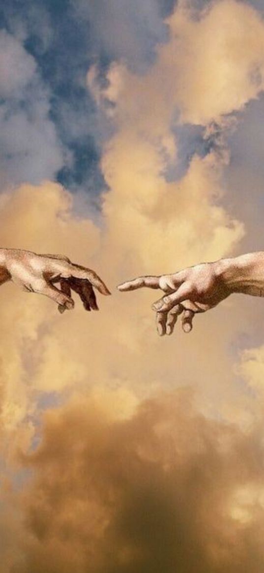 hands, creation of adam, michelangelo, fresco, clouds, art