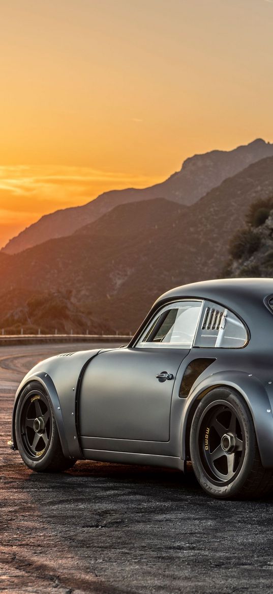 porsche 911, porsche, car, grey, road, mountains, sunset