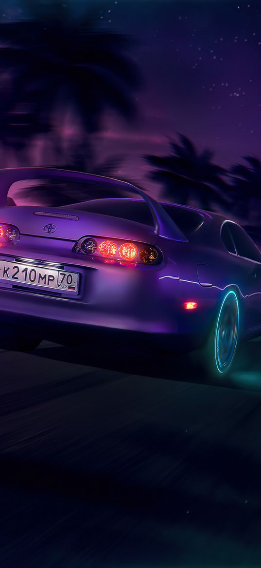 toyota supra, toyota, car, sports car, purple, speed, neon, palm trees