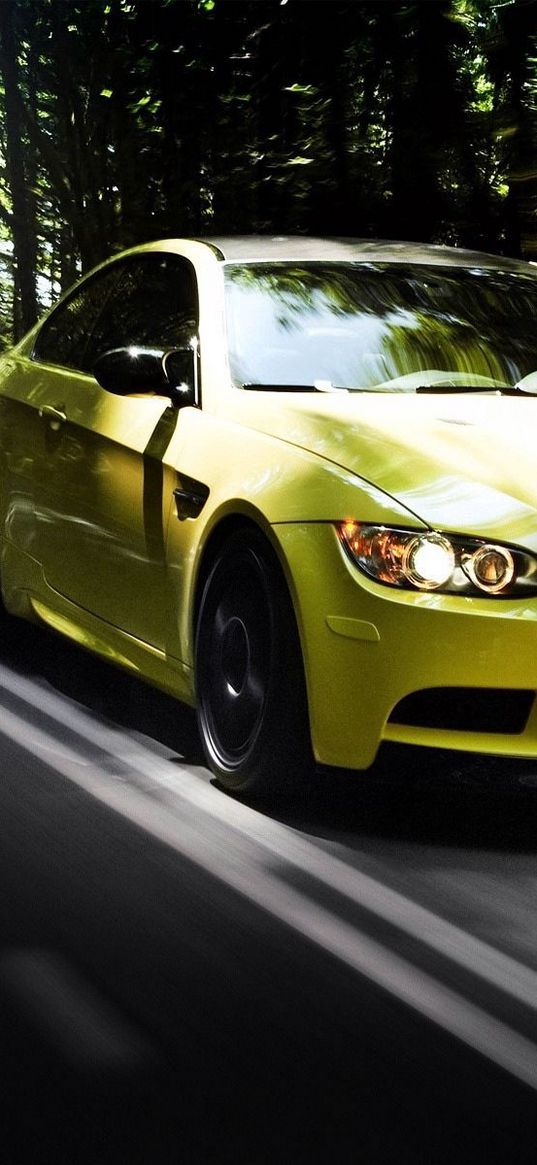 auto, bmw m3, yellow, road, forest, summer