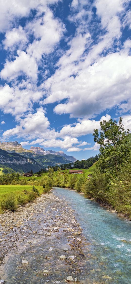 stream, stones, trees, mountains, landscape