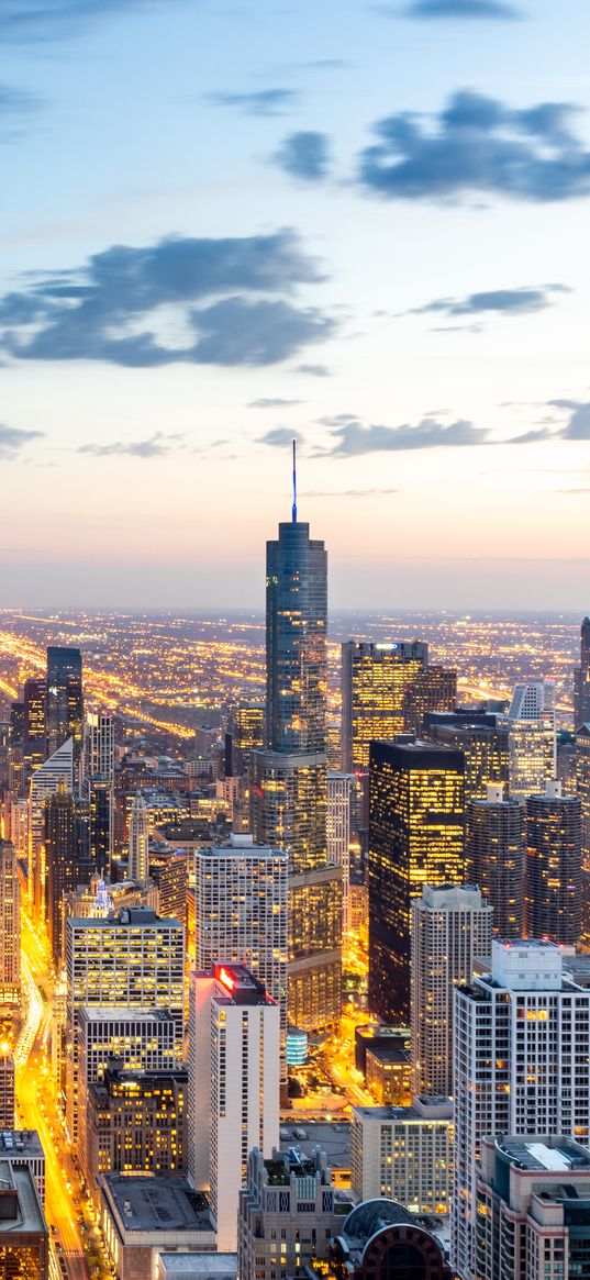 skyscrapers, tower, lights, buildings, twilight, city