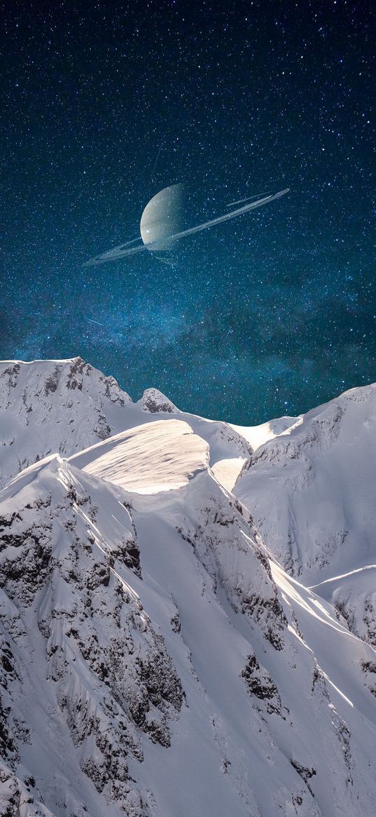 mountain, ice, blue sky, stars, saturn, planet