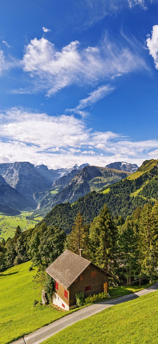 house, trees, mountains, valley, trail, landscape