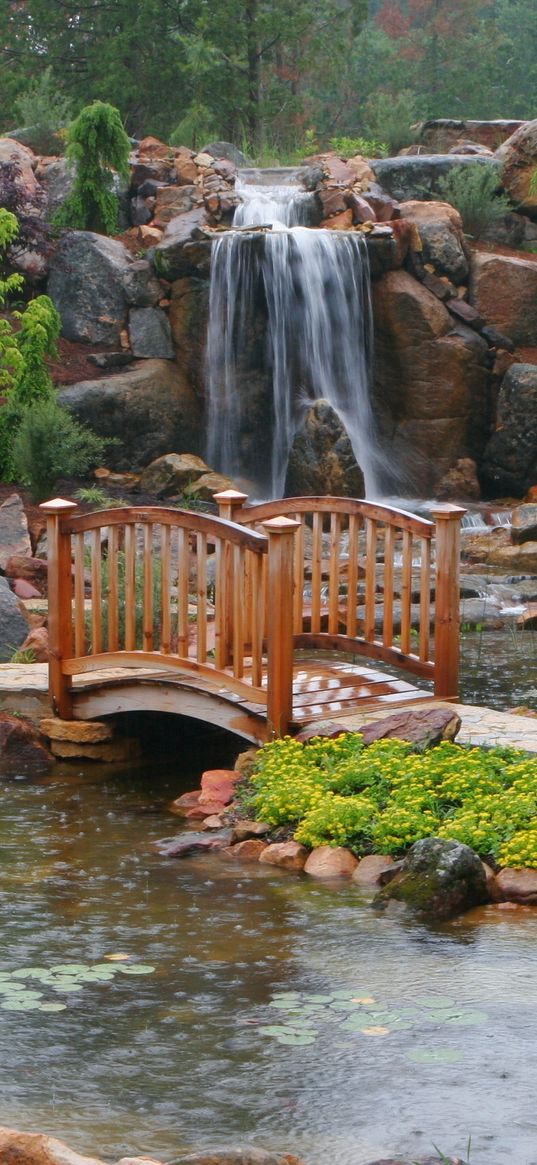 bridge, falls, garden, rain, path