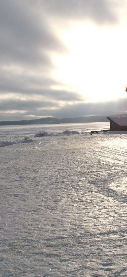 winter, snow, field, shine, cover, crust, cloudy