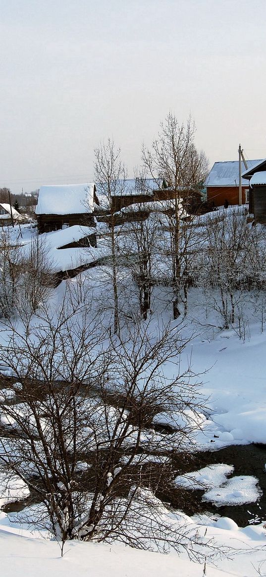 winter, snow, house, small river, bushes, tranquillity