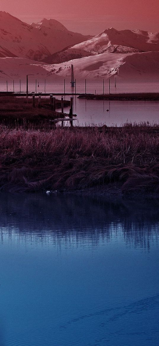 moon, sky, pond, wefts, evening, twilight, silence