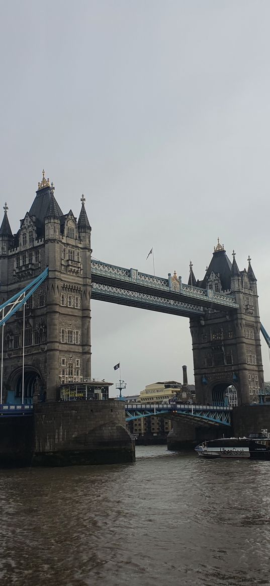 river, bridge, boat, london, cloudy