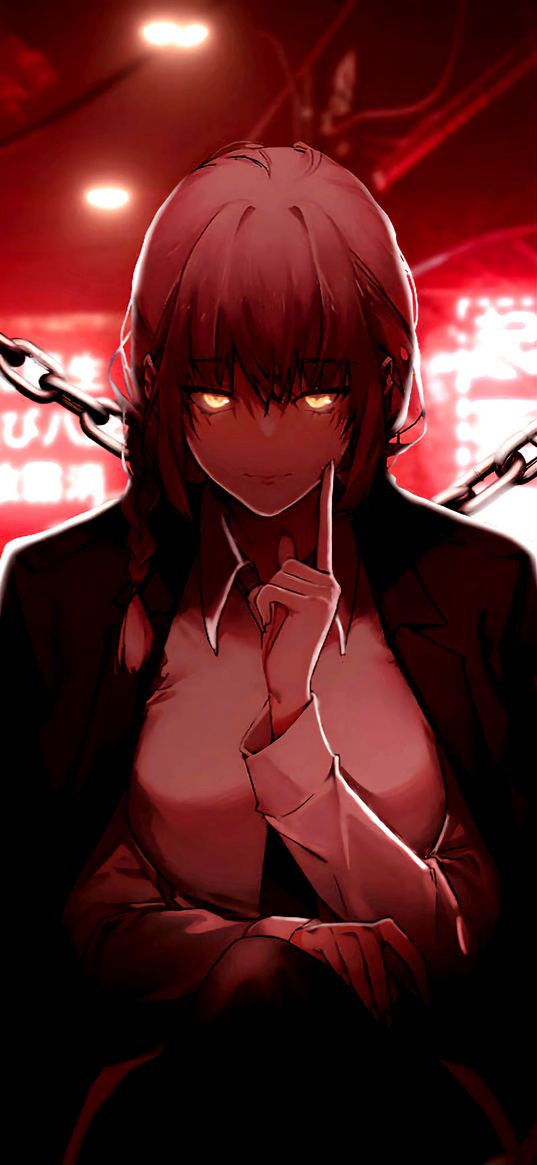 makima, chainsaw man, anime, girl, pose, chains, art