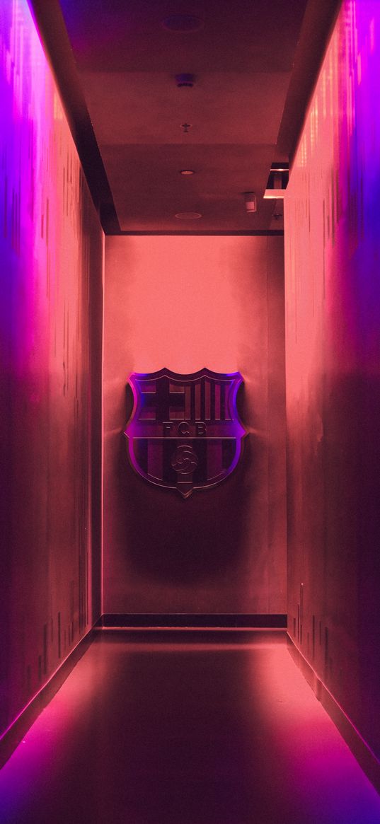 barcelona, football club, coat of arms, symbol, corridor, neon