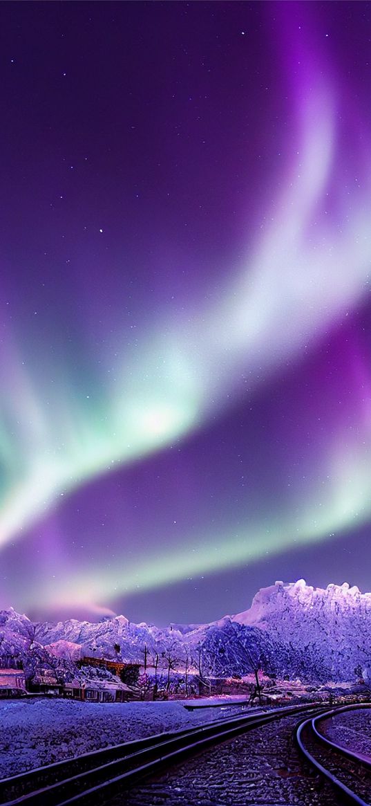 railway line, northern lights, ice, houses