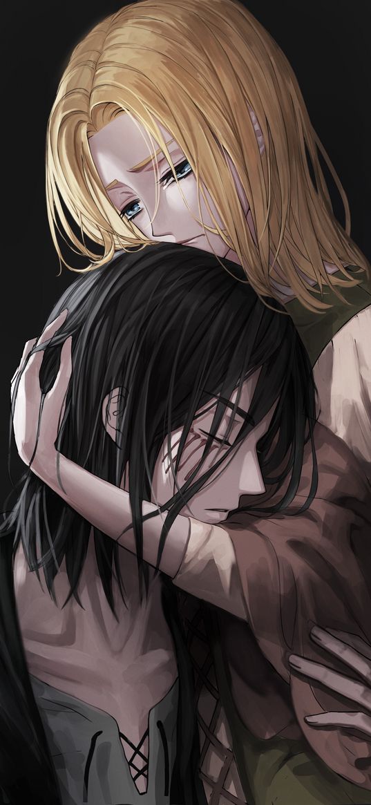 eren yeager, historia reiss, attack on titan, anime, guy, girl, couple, sad, hugs, art