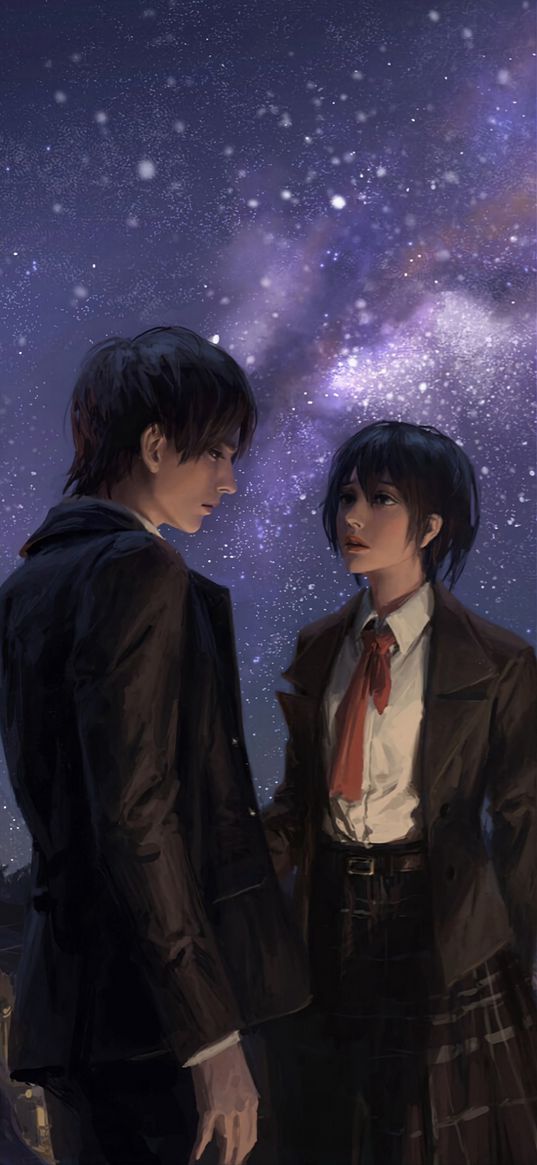 eren yeager, mikasa ackerman, attack on titan, anime, couple, guy, girl, sad, stars, art