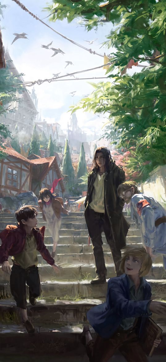 eren yeager, armin arlert, mikasa ackerman, attack on titan, anime, friends, children, stairs, city, art