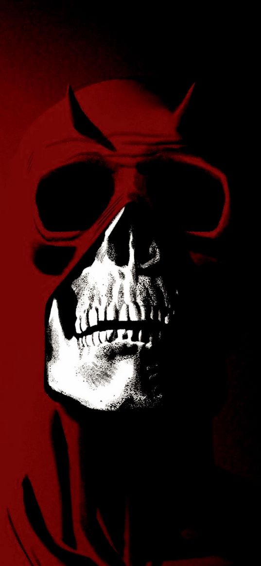 daredevil, superhero, marvel, skull, mask, red, black, white, art