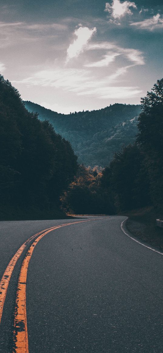 road, forest, mountain, sunrise, clouds