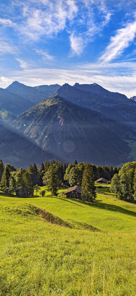 valley, grass, trees, mountains, sunlight, landscape