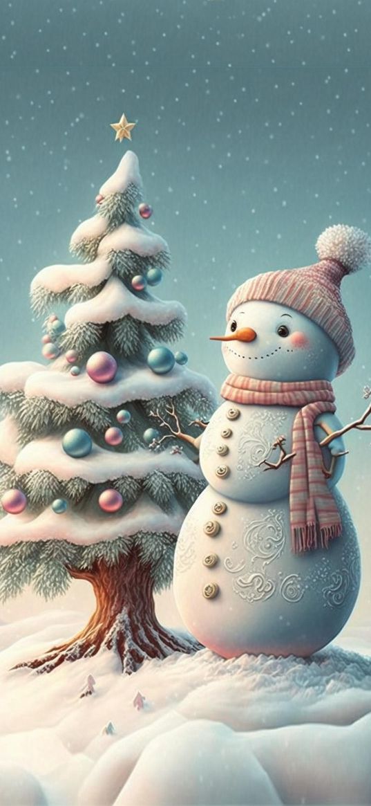 snowman, christmas tree, snow, art