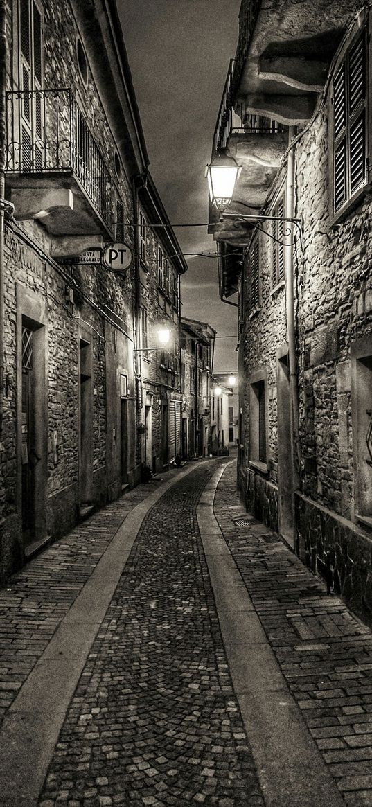 street, houses, lanterns, evening, sepia