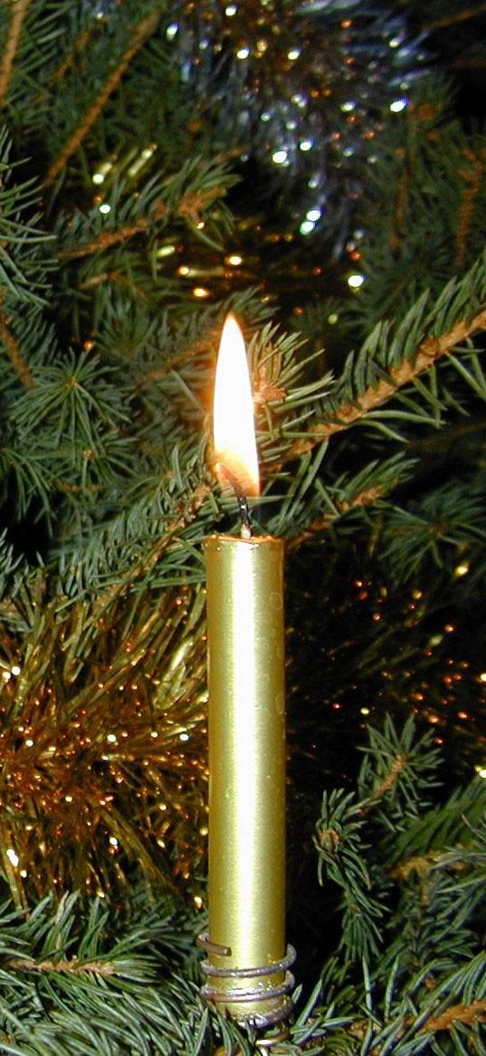 candle, pine needles, tree, toys, tinsel, holiday