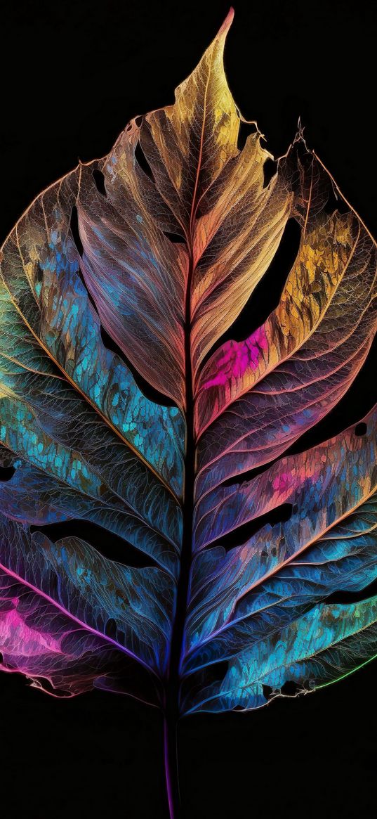 leaf, colorful, black background