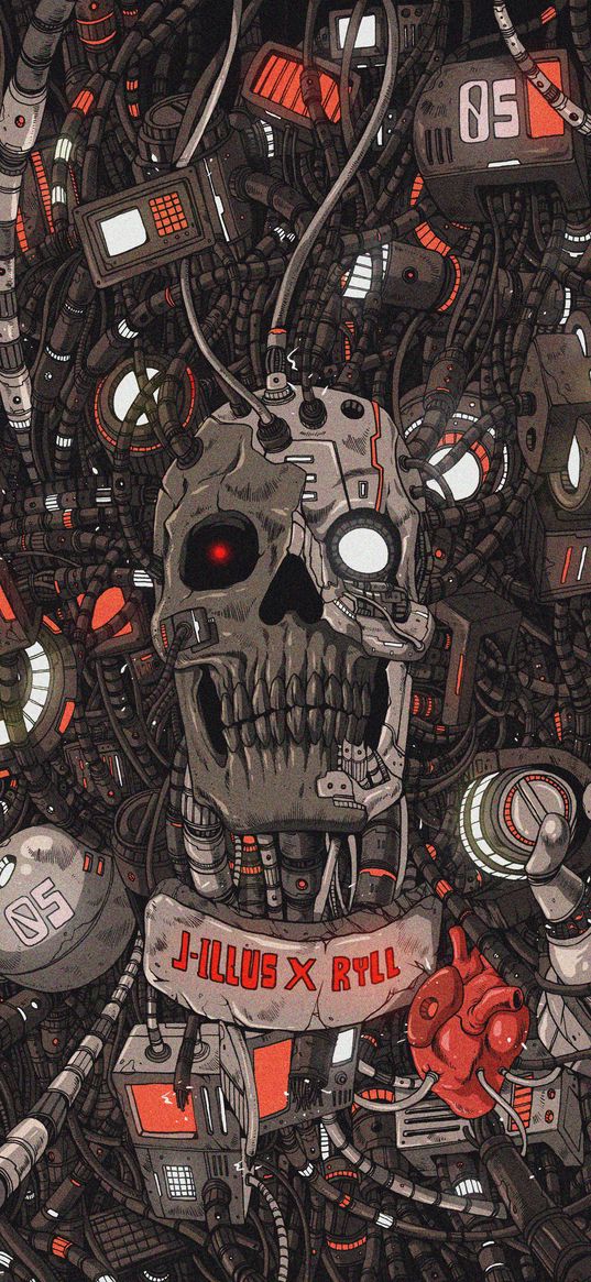 robot, cyborg, skull, machine, art, illustration