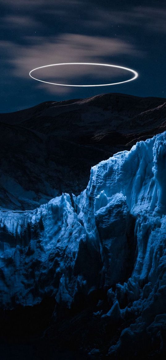 mountains, ice, halo, ring, clouds, sky, night, nature