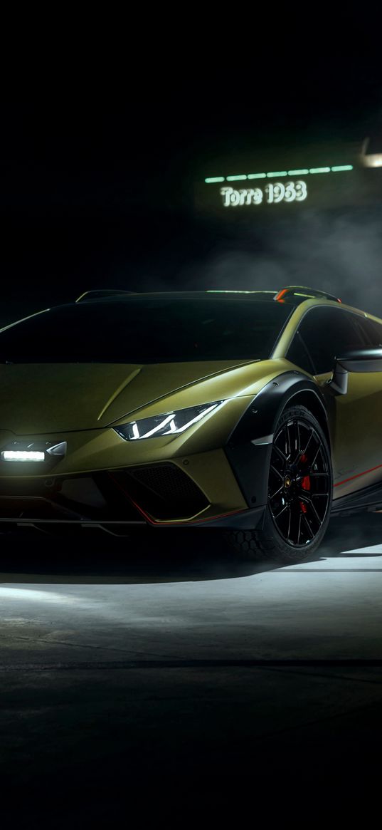 lamborghini huracan, lamborghini, sports car, car, green, smoke, parking, night