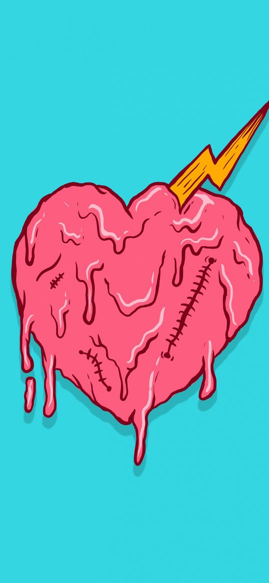 heart, scars, melts, lightning, pink, blue background, art