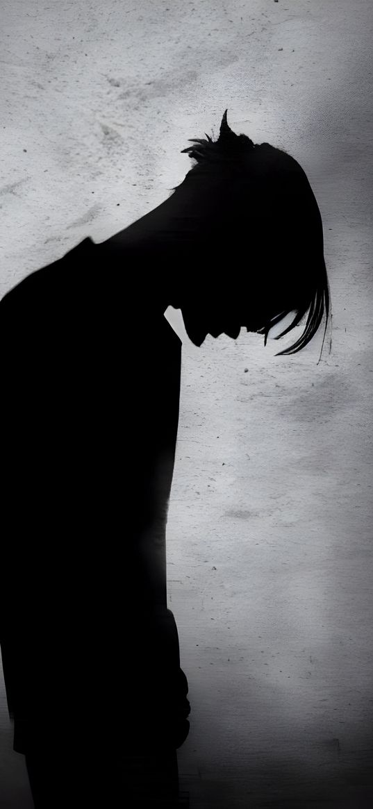 guy, lonely, sad, silhouette, black, gray background, art